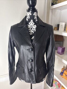 New EMC Black Butter soft Leather Button Front Collared Jacket Pockets Small